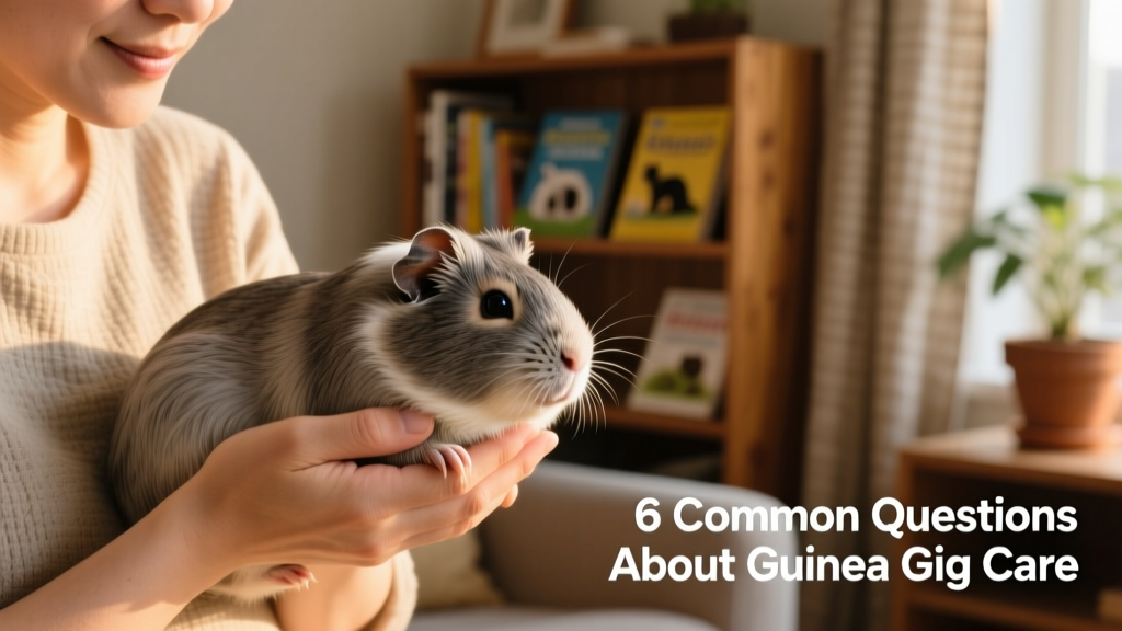 A person gently holding a calm guinea pig cradled securely in both hands, with soft lighting and a cozy background