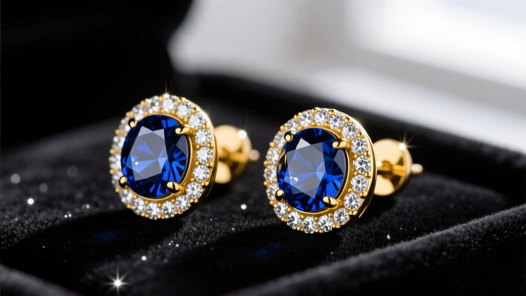 Macro shot of 18k yellow gold stud earrings with deep royal blue Ceylon sapphires and micro-pavé diamond halo on dark velvet