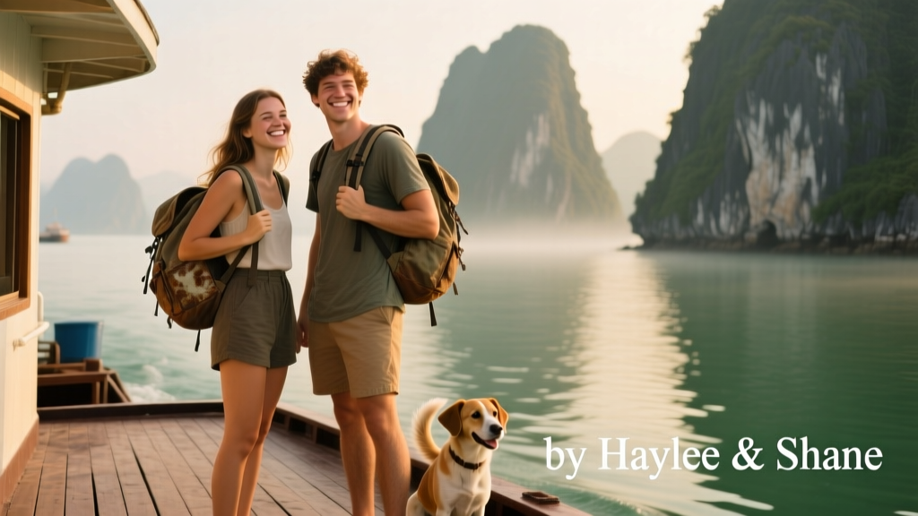 Haylee and Shane on a ferry in Ha Long Bay, smiling and holding their backpacks, celebrating their newly confirmed sit
