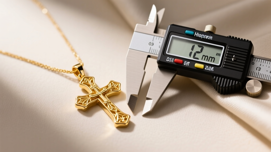 Flat lay of a gold cross pendant beside a polishing cloth, digital calipers measuring 12mm height, bright studio lighting