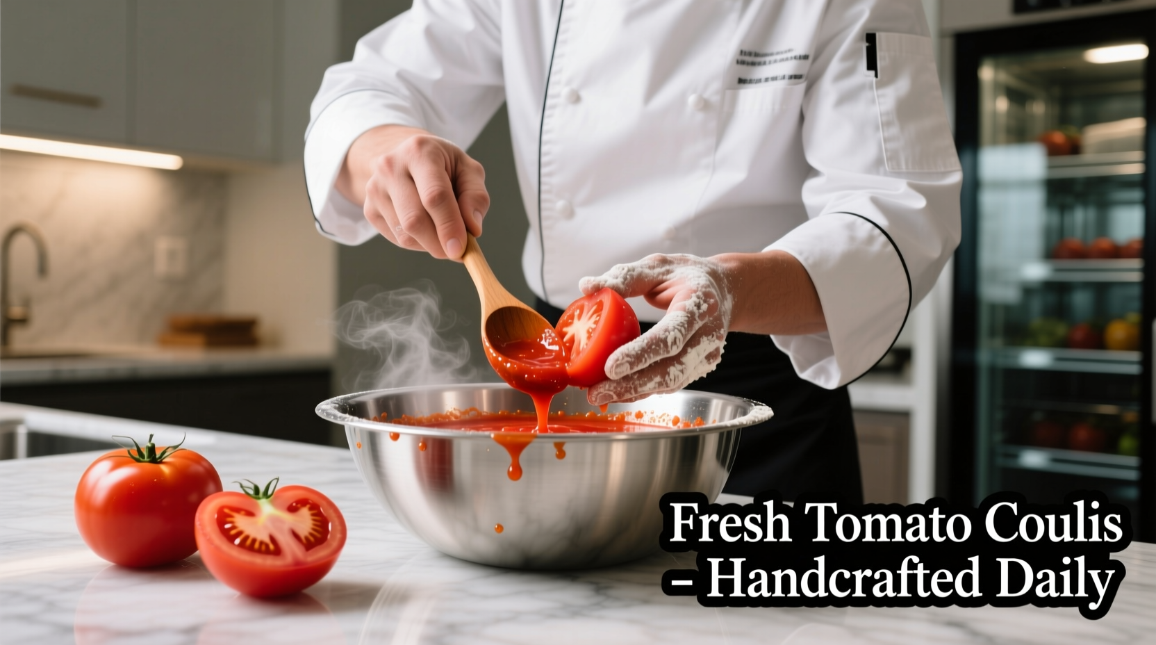 Chef preparing fresh tomato coulis in stainless steel bowl