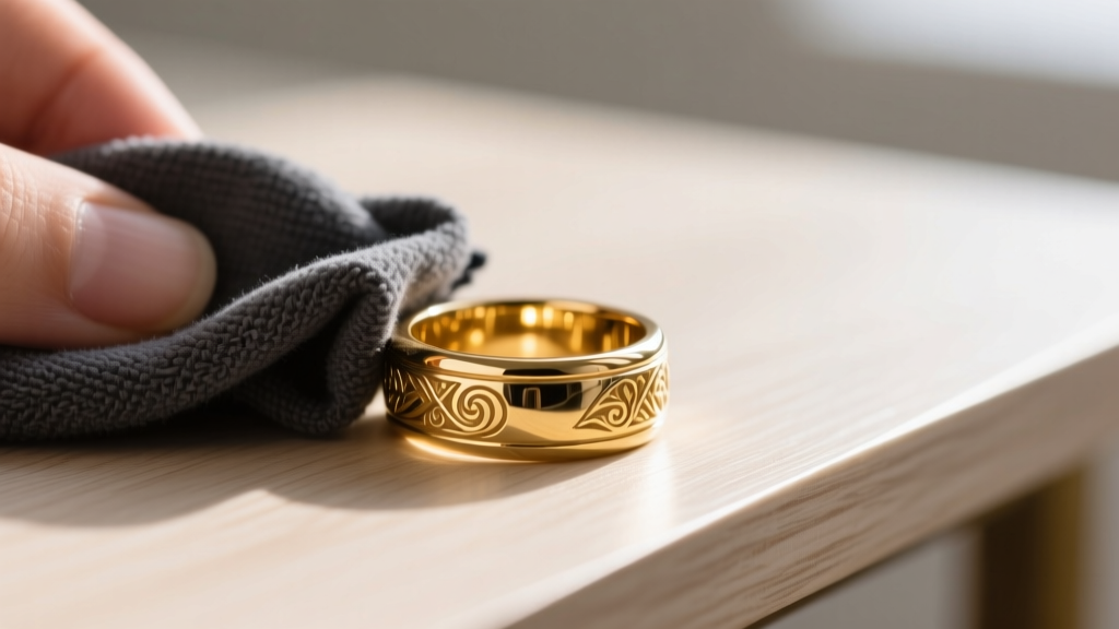 Macro shot of a polished 18k gold signet ring being gently wiped with a dark grey microfiber cloth on a clean, modern wooden desk.