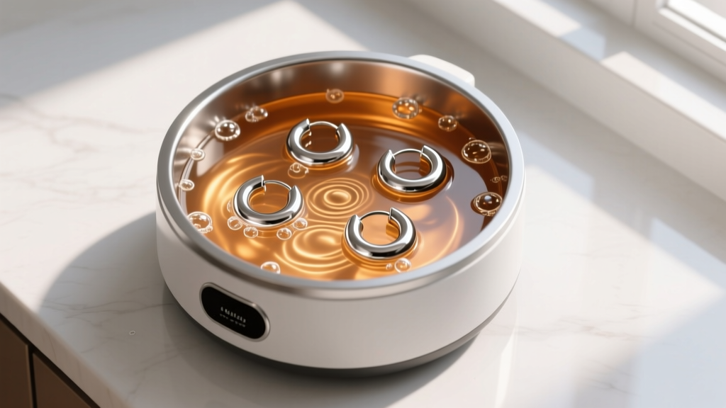 Top-down view of an ultrasonic cleaner holding warm water and several 18-gauge stainless steel huggie hoop earrings being washed.
