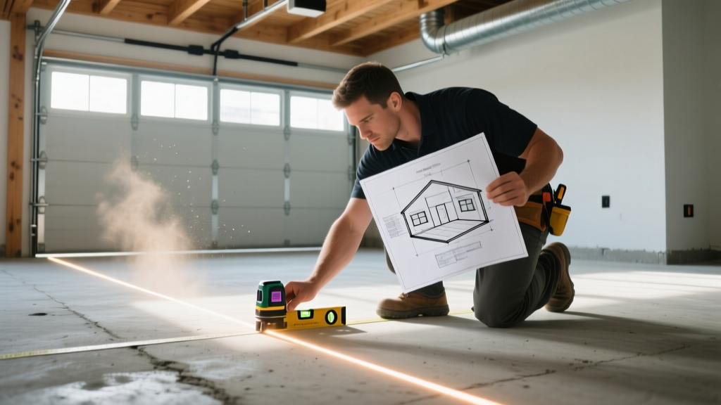 Contractor measuring unfinished garage concrete floor with laser level while holding blueprint for home gym layout