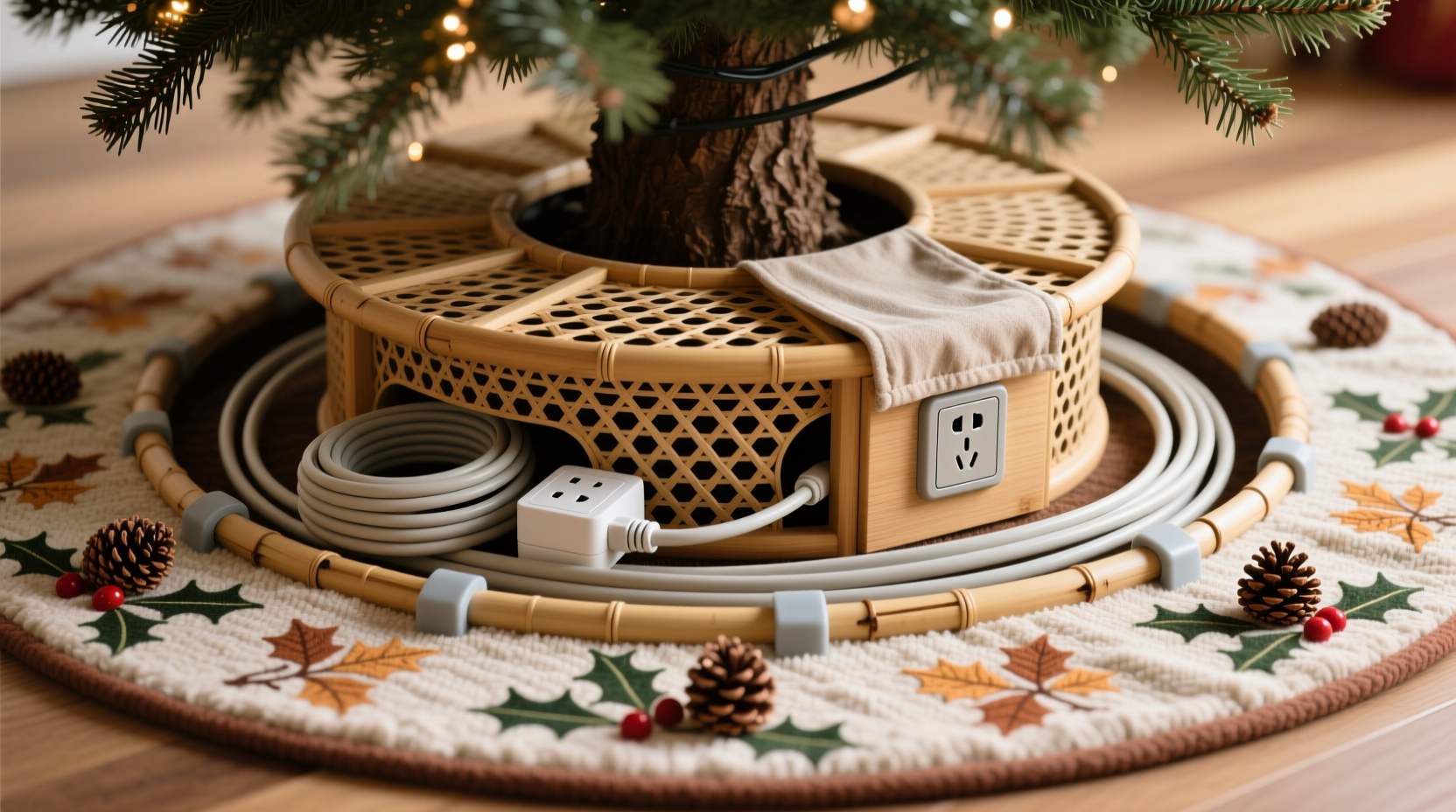 how to hide power strips and cords under a tree skirt without overheating risks