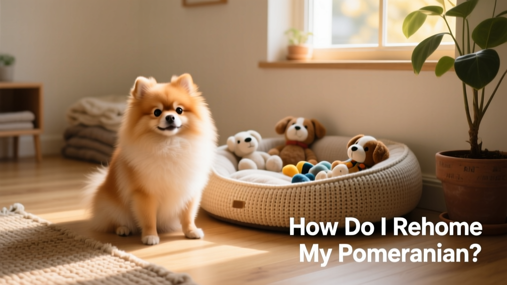 A calm, well-groomed Pomeranian sitting beside a cozy indoor space with toys and a soft bed
