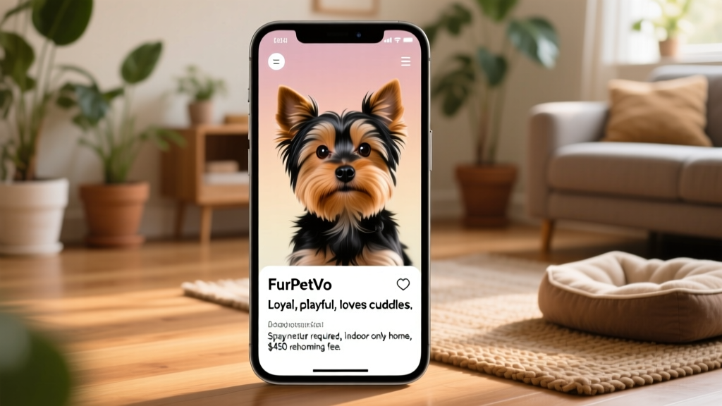 Screenshot of a FurPetVo listing showing a Yorkie's profile with photos, bio, and adoption requirements