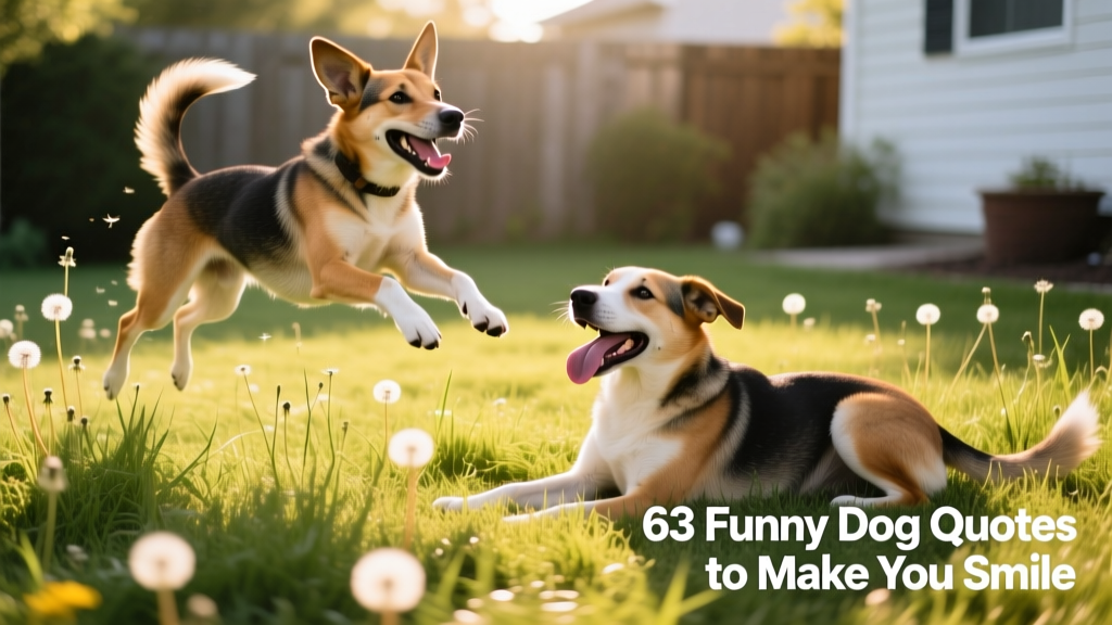 Two playful dogs—one leaping mid-air, the other tongue-lolling—on a grassy backyard lawn