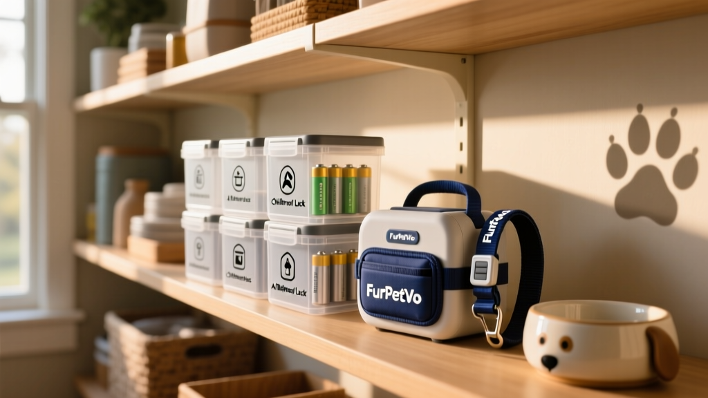 Organized home shelf with labeled, childproof battery storage containers and FurPetVo-branded pet gear nearby