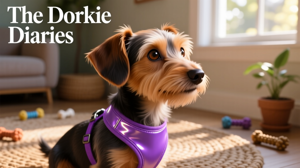 profile of a dorkie wearing a purple harness