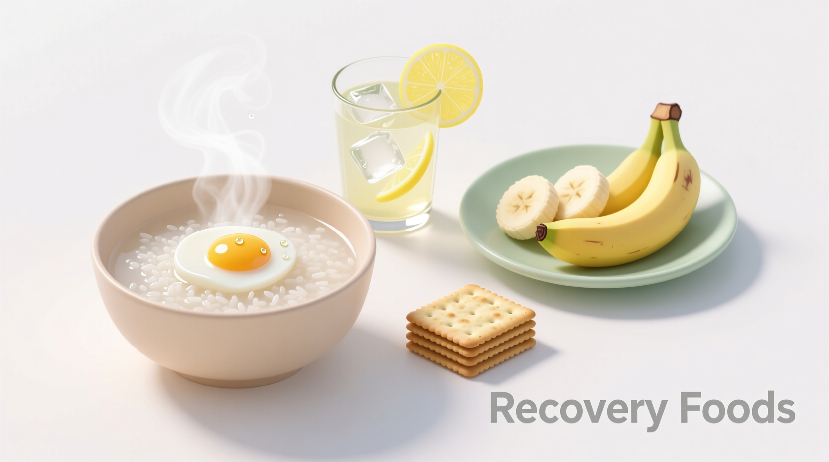 Recovery foods after food poisoning on white background