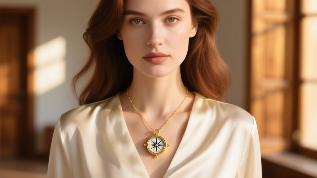 Woman wearing a 14k gold compass necklace with a mother-of-pearl dial, resting on a cream silk blouse in warm natural sunlight.