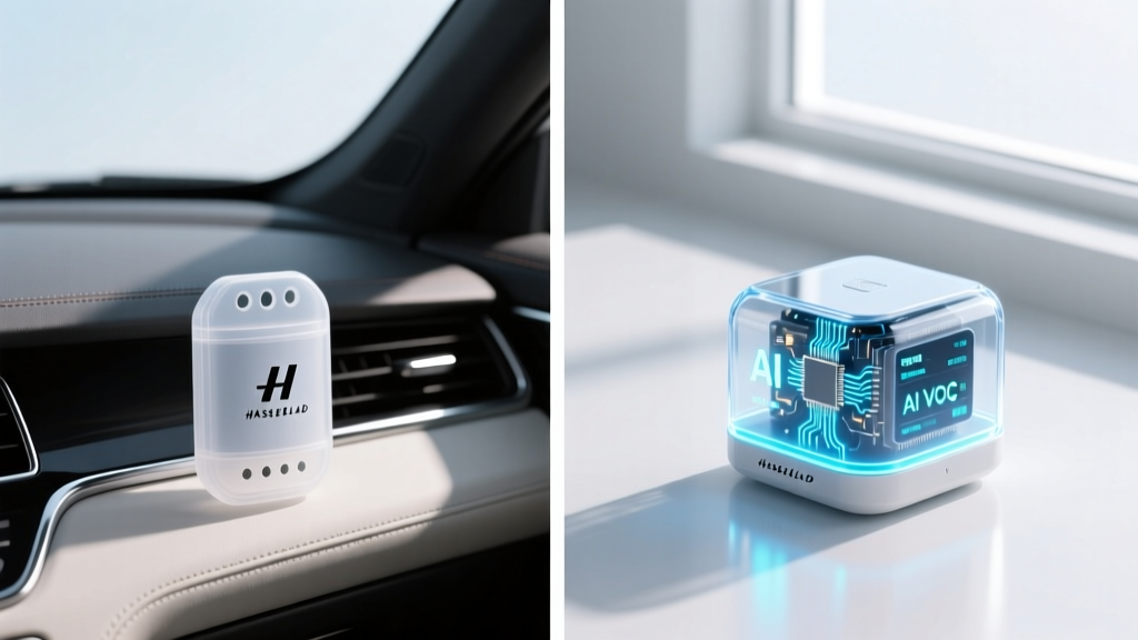 Split-screen comparison showing a basic branded car air freshener next to a glowing AI-powered VOC cabin sensor module.