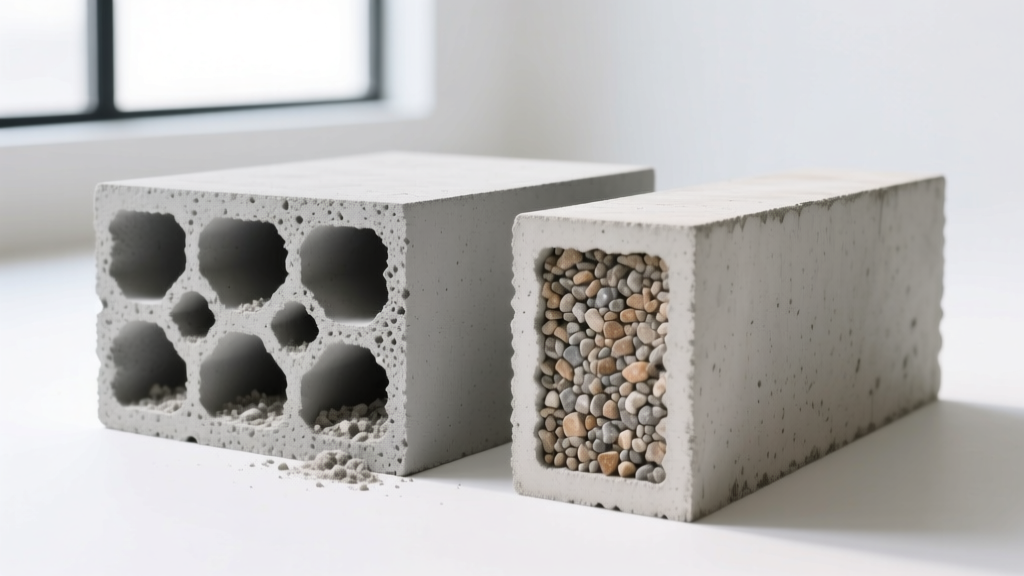 Side-by-side cross-section comparison of a lightweight gray cinder block with porous ash aggregate and a dense concrete masonry unit with gravel