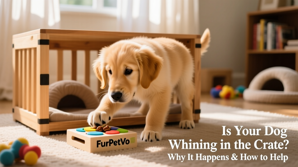 A dog happily interacting with a FurPetVo puzzle toy inside their crate, showing engagement and calm focus