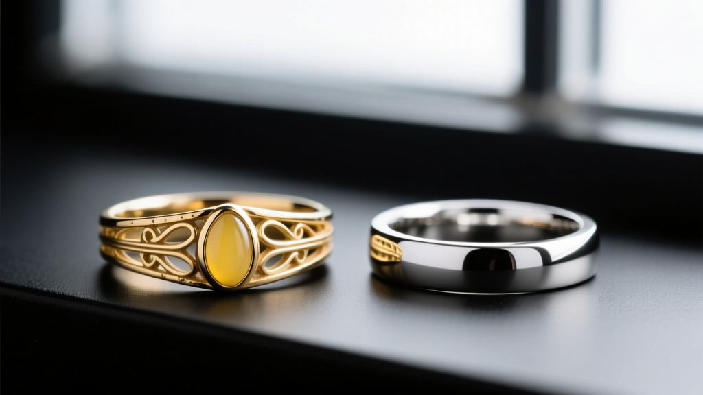 Close-up comparison of a worn 18k white gold Art Deco ring showing yellow undertones next to a bright, unworn 900 platinum band.