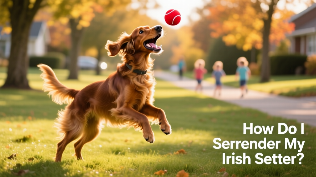 A cheerful, well-groomed Irish Setter playing fetch in a sunny park