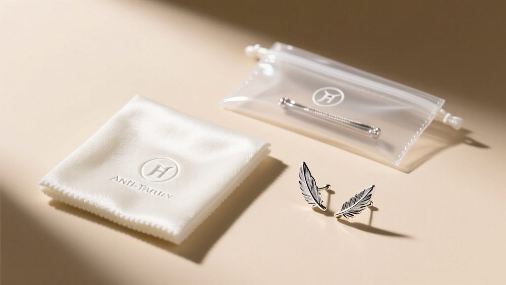 Flat lay jewelry care kit featuring a microfiber cloth, anti-tarnish pouch, and minimalist sterling silver feather stud earrings