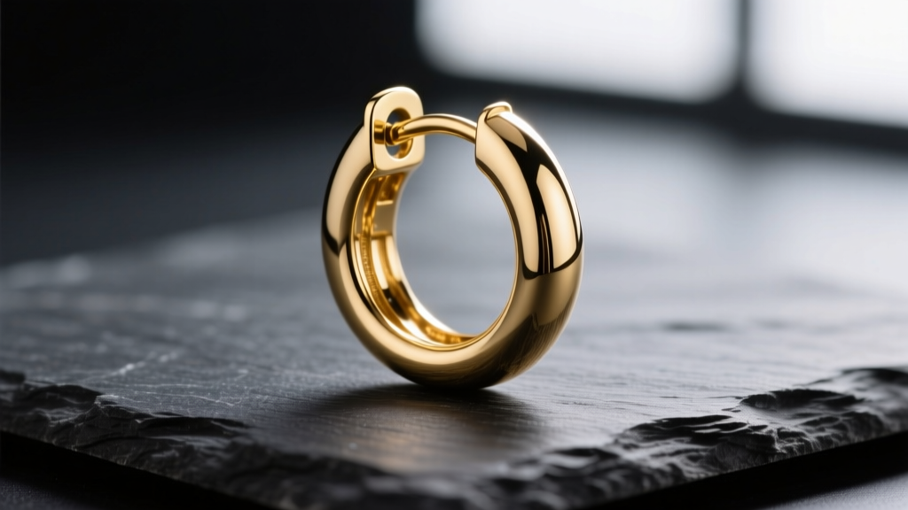 Macro shot of a polished 14k gold 25 mm hoop earring on dark slate, highlighting the seamless clicker clasp and smooth finish