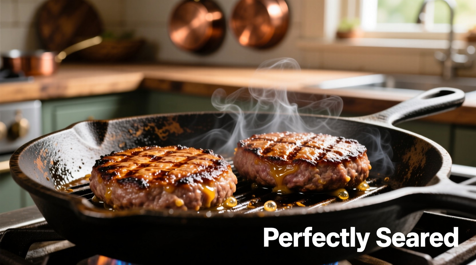 Perfectly seared hamburger patties cooking on cast iron skillet