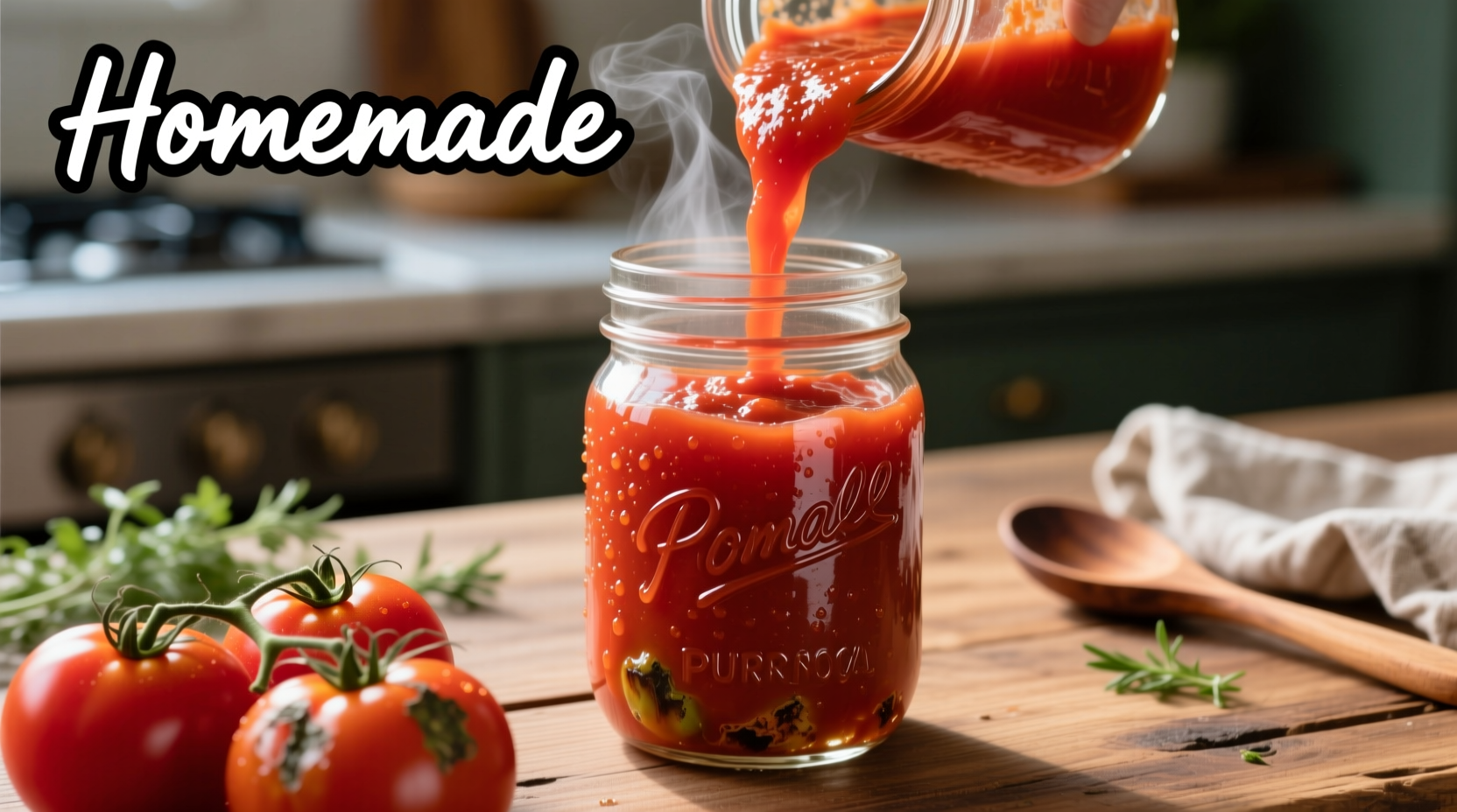 Fresh homemade tomato puree in glass jar with tomatoes