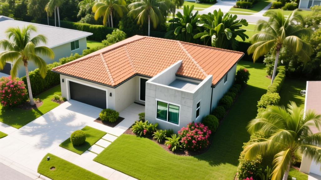 Aerial view of a new stucco and concrete block home with terracotta tile roof and impact windows in a lush Florida suburban neighborhood