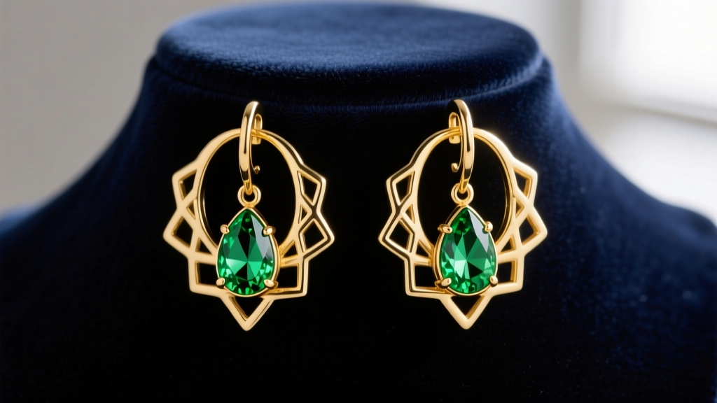 Close-up of 18k yellow gold Potara-style huggie earrings with dangling peridot beads on a dark velvet bust.