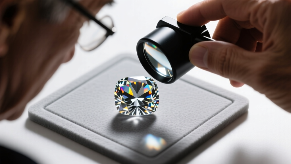 Overhead view of a diamond buyer examining a loose cushion-cut stone with a 10x triplet loupe against a neutral grey grading mat.