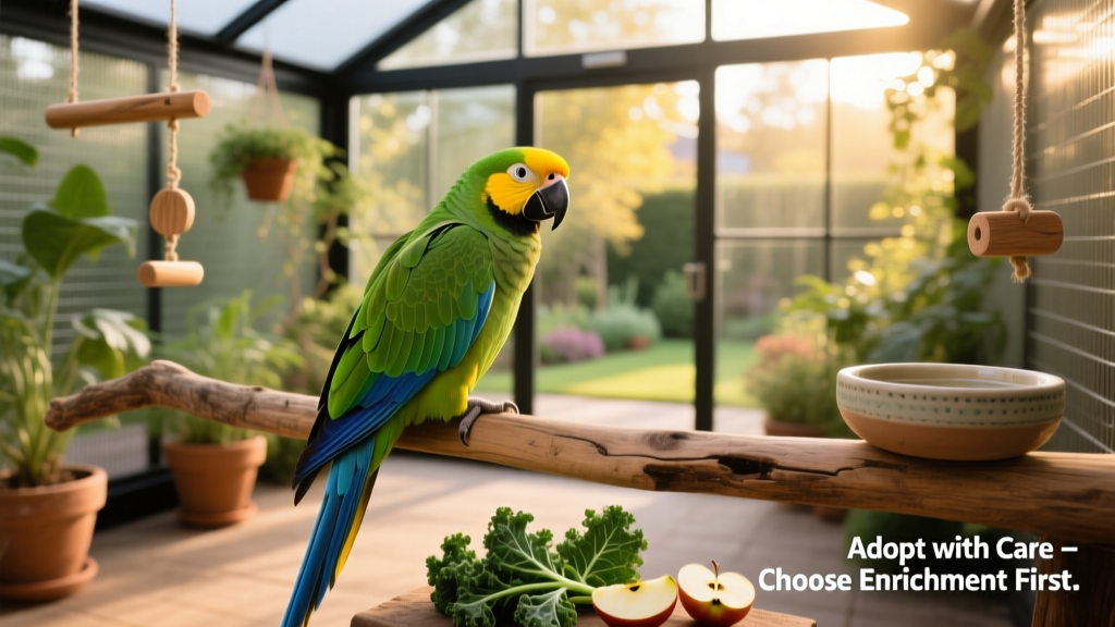 A calm, well-cared-for parrot perched on a natural wood perch inside a spacious, enriched aviary with toys and fresh greens