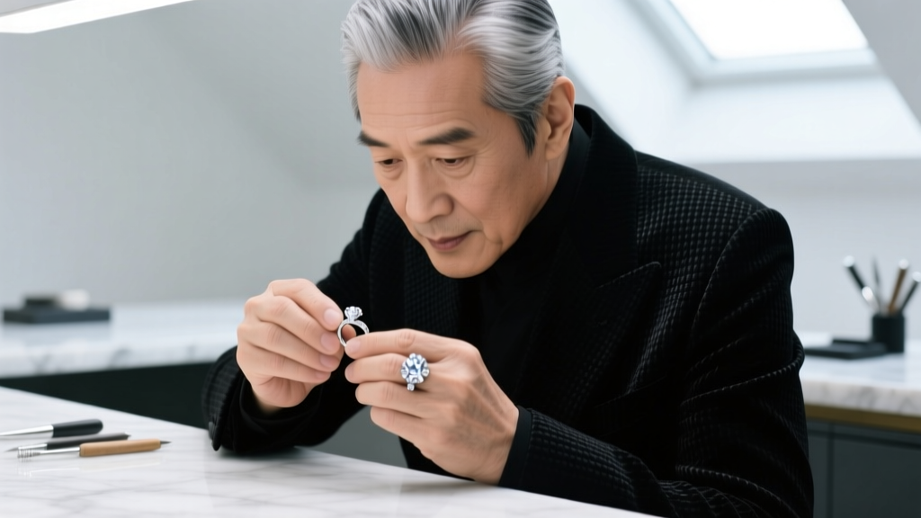 Close-up of a jeweler's hands examining a vintage 14k yellow gold link chain with a loupe on a dark velvet tray under warm light.
