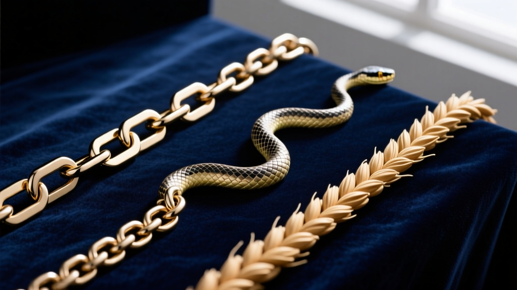 Macro shot of three chain weaves on velvet: a flat box chain, a snake chain, and a wheat chain, highlighting link structures