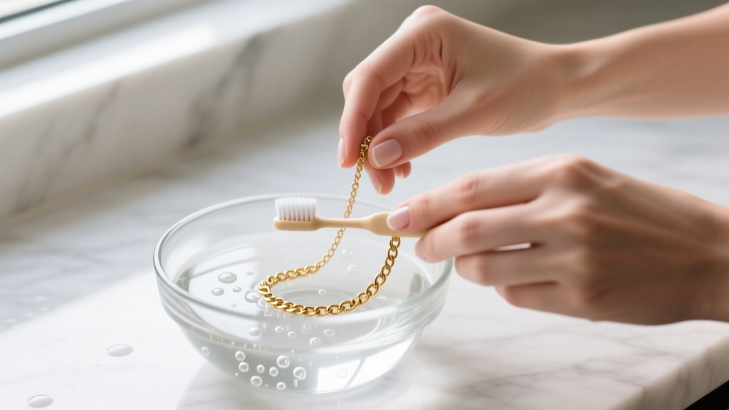 Hands gently cleaning a delicate gold-tone chain necklace with a soft baby toothbrush and mild soapy water in a clear glass bowl.