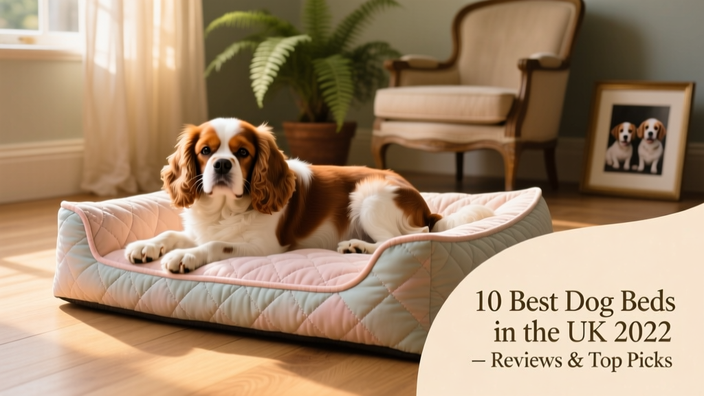 A medium-sized dog resting comfortably on a plush, quilted dog bed with rolled edges