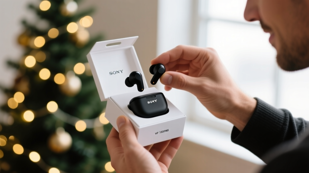 Close-up of a man unboxing the matte black Sony WF-1000XM6 earbuds with a blurred Christmas tree and warm fairy lights in the background.