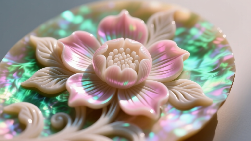 Macro shot revealing iridescent pink and green orient on the surface of a high-grade South Sea mother of pearl floral carving.