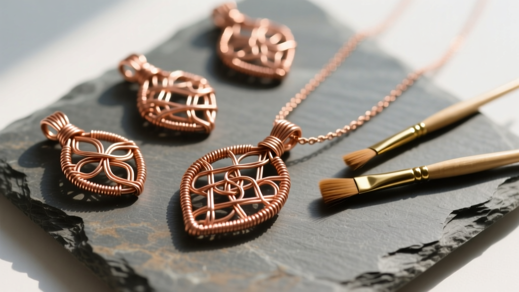 Top-down view of polished copper wire-wrapped pendants on slate, showing 24-gauge weaving wire and small brass brushes