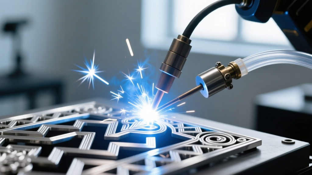 Macro shot of a pulse arc laser welder repairing Art Deco platinum filigree, showing a bright spark and an argon gas nozzle nearby.