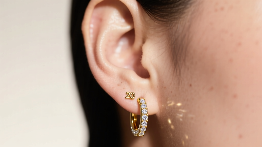 Close-up of earlobe wearing delicate 20 gauge 14k yellow gold huggie hoop earring with pave diamonds, soft studio lighting