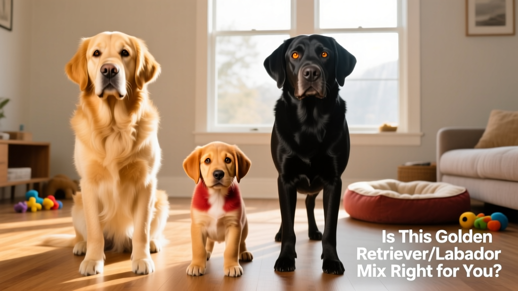 Side-by-side comparison showing a Golden Retriever and a Labrador Retriever next to a Goldador puppy