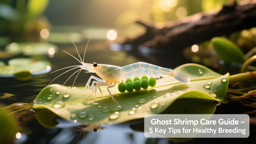 Female ghost shrimp with green eggs visible under her tail, resting on a broad-leaf plant