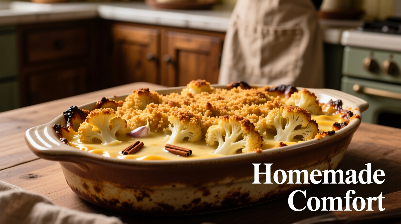 Golden-brown cauliflower casserole with crispy breadcrumb topping