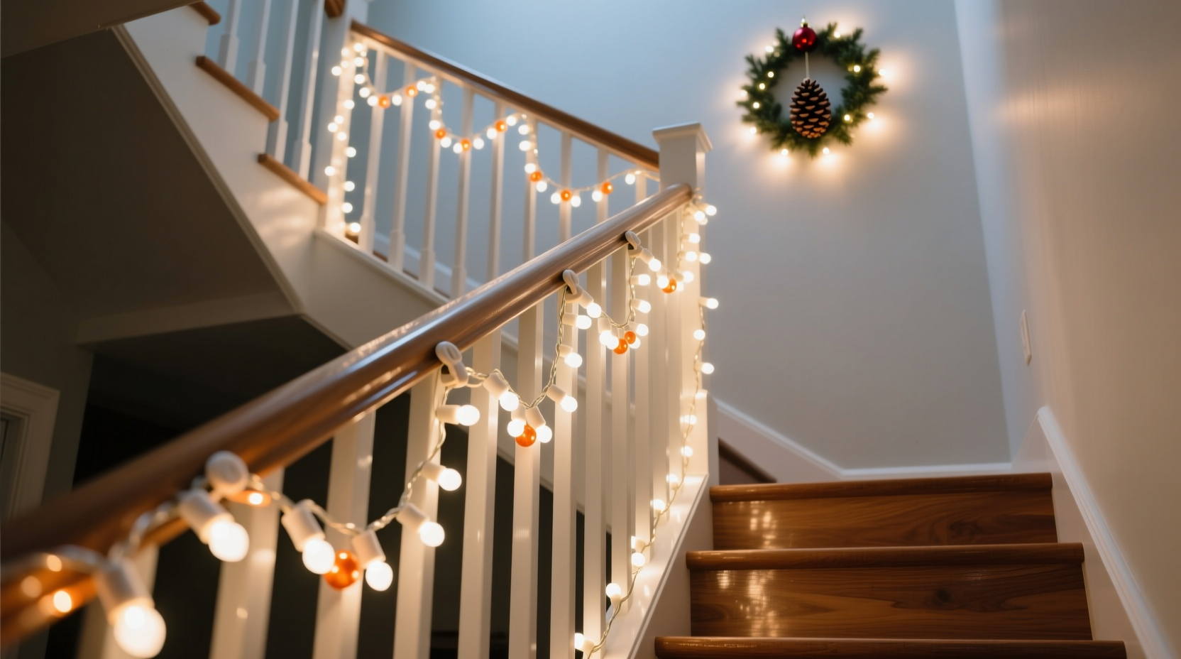 how to arrange christmas lights on a narrow staircase railing for maximum visual flow and safety