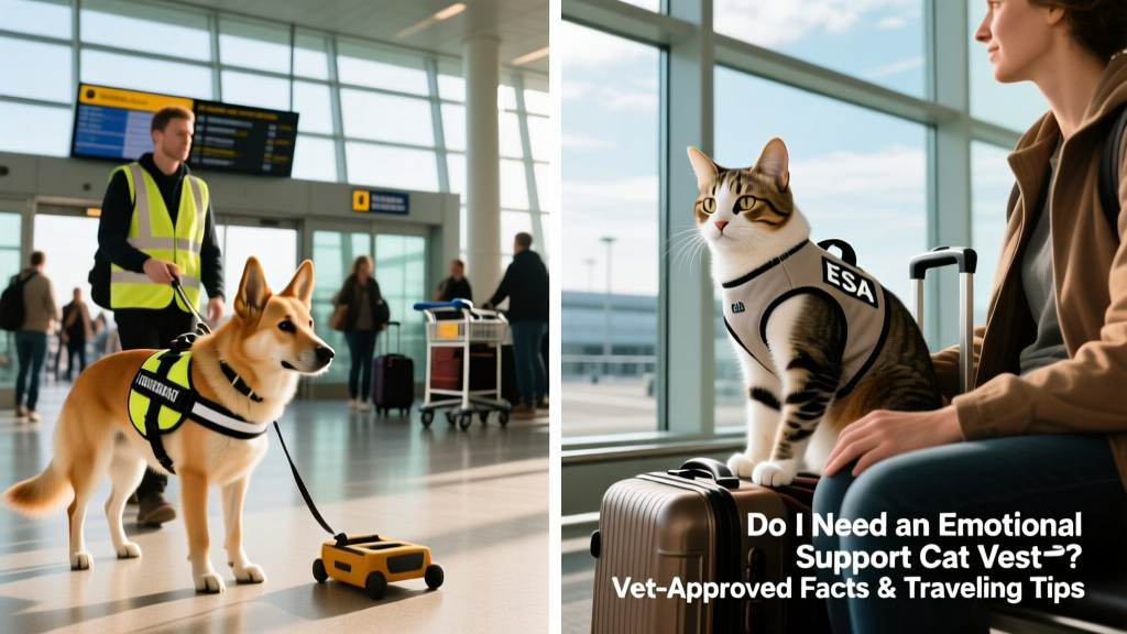 Side-by-side comparison: a service dog in a reflective harness performing a task vs. a relaxed cat in a lightweight ESA vest sitting calmly beside its owner at an airport gate