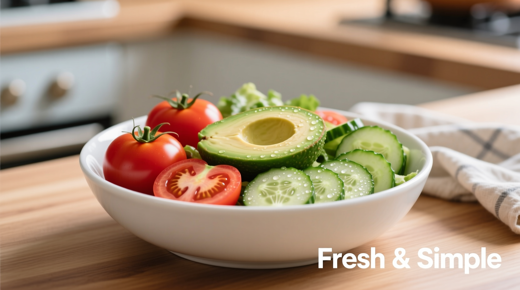 Fresh tomato avocado cucumber salad in white bowl