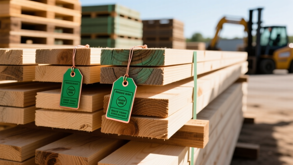 Close-up of pressure-treated lumber stacks showing green copper-based preservative tags and quality grade stamps in a sunny lumberyard