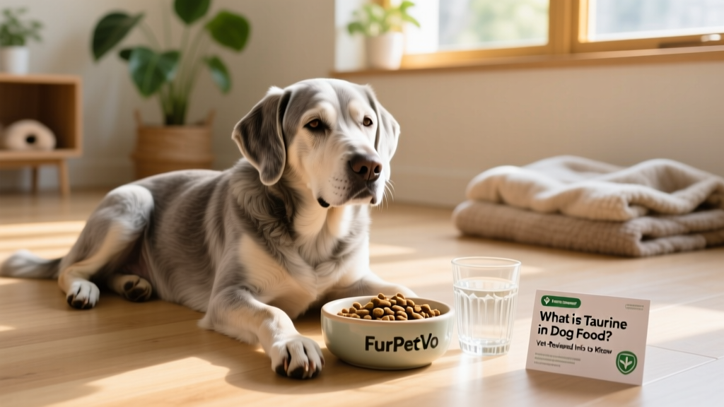 Happy senior dog resting peacefully beside a bowl of FurPetVo kibble and fresh water