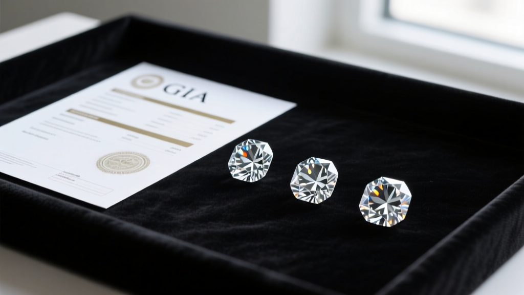 Close-up of a GIA diamond grading report resting beside three loose cushion-cut lab-grown diamonds on a black velvet tray