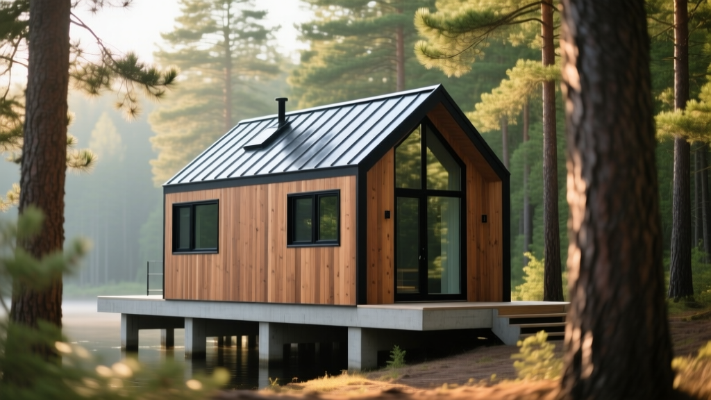 Cedar-clad tiny house on concrete pier foundation featuring black-framed windows and a standing seam metal roof in a pine forest.