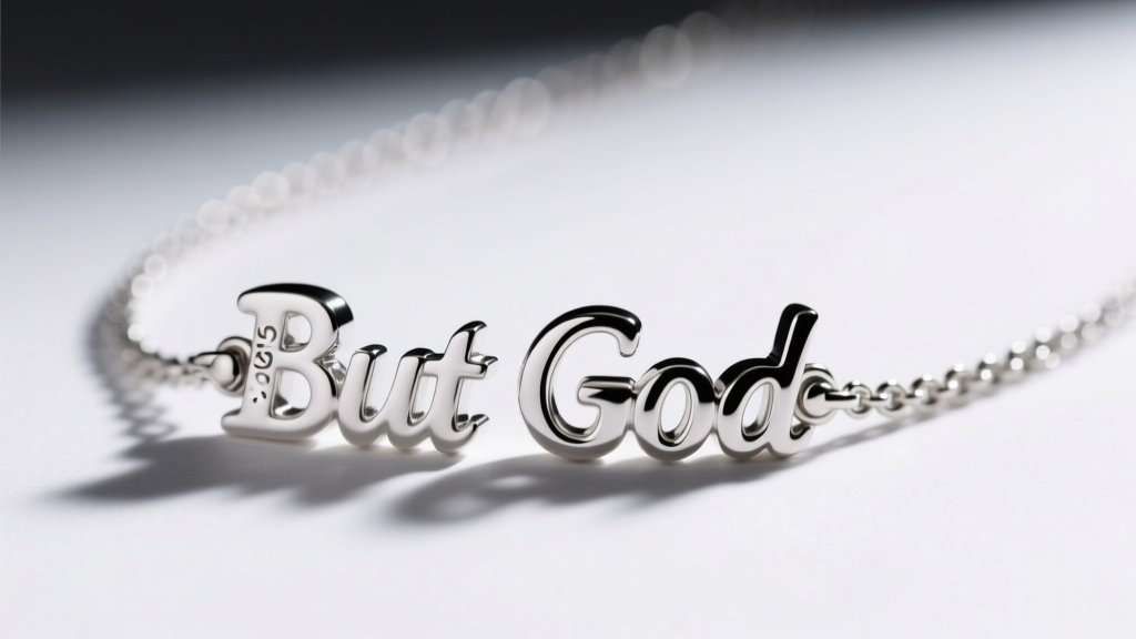 Macro shot of a rhodium-plated sterling silver But God necklace showing the .925 stamp on the clasp under bright studio light.