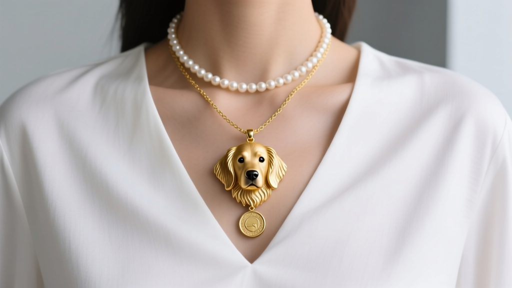 Golden retriever pendant layered with a pearl choker and a longer gold coin necklace, worn over a crisp white V-neck cotton shirt.